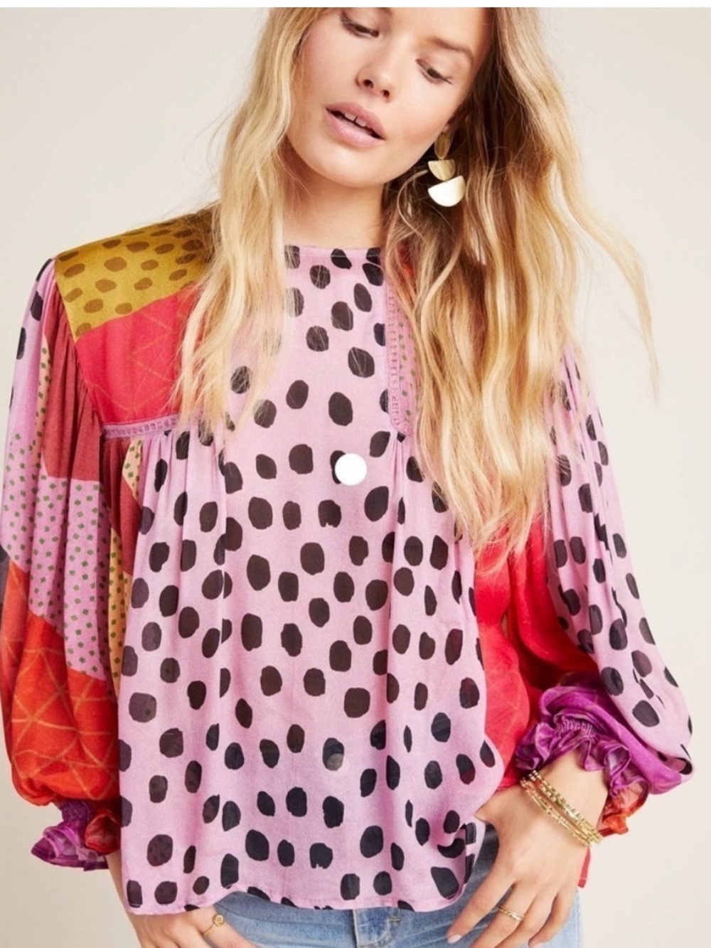Anthropologie Mixed-Print Peasant Blouse